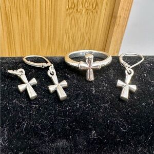 JAMES AVERY Sterling Silver St Teresa Cross Earrings, Ring, Charm Set; RETIRED